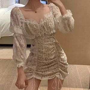 Lace dress sexy womens cream beige mini lace up dress floral